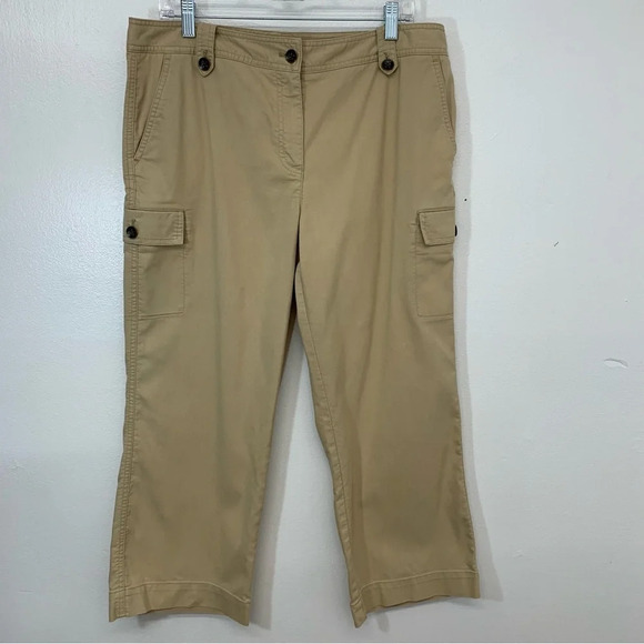 Talbots Cargo Pants Woman 14 Beigh Straight Utility Pockets Crop Casual Work - Picture 1 of 12